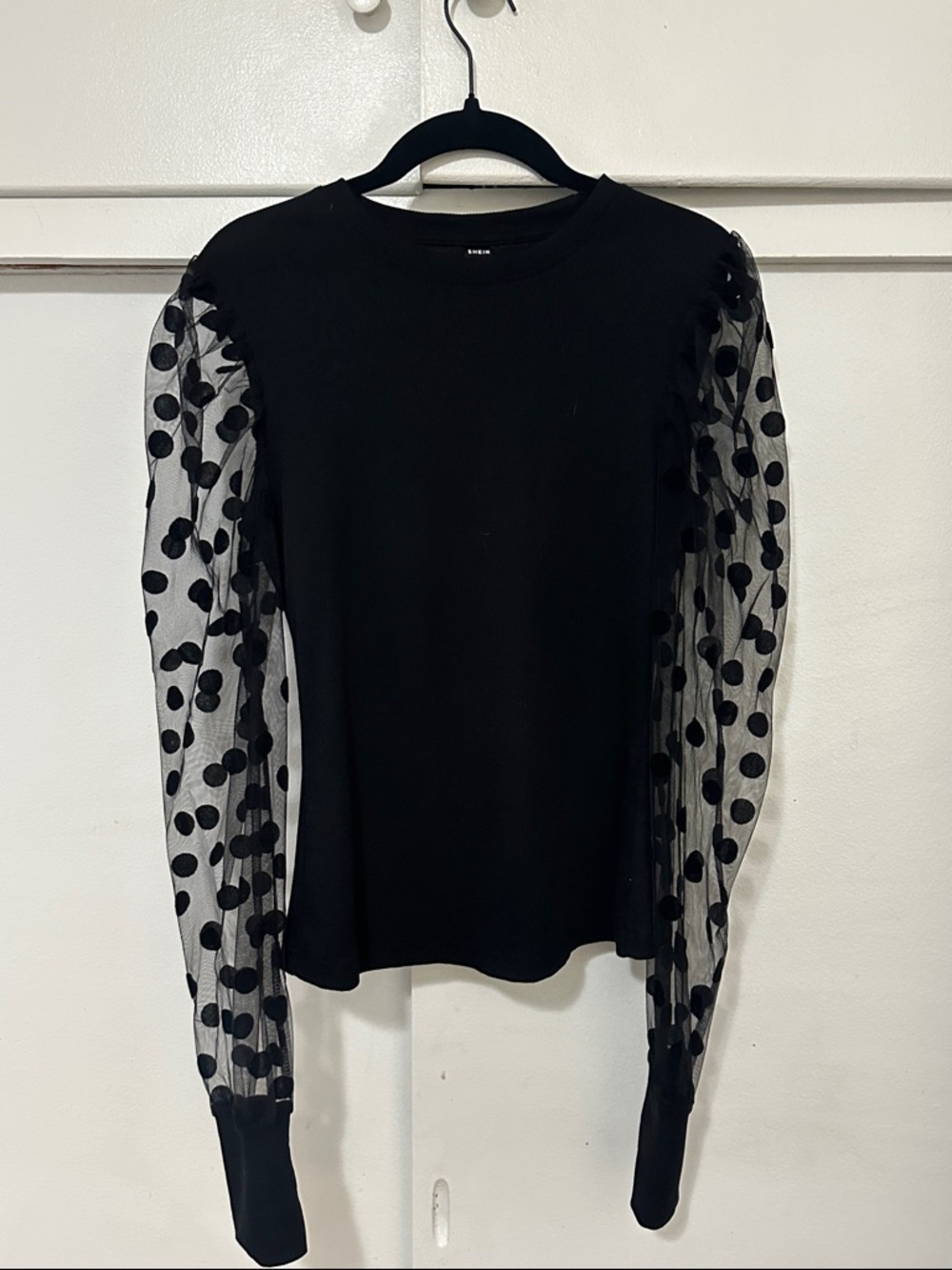 SHEIN Black Knit Top with Polka Dot Sheer Sleeves